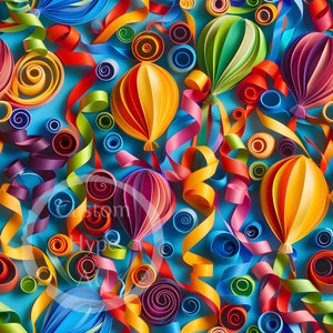 May include: A colorful background with a variety of paper crafts, including balloons, swirls, and ribbons. The balloons are in shades of blue, green, yellow, and orange. The swirls are in shades of blue, green, and red. The ribbons are in shades of blue, green, and red.