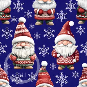 May include: A seamless pattern featuring a repeating design of gnomes wearing red and green knit sweaters and hats, with white snowflakes on a blue background.