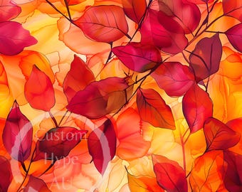 May include: Abstract watercolor painting featuring a seamless pattern of red, orange, and yellow leaves. The leaves are translucent and overlapping, creating a layered effect.