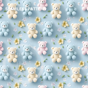 May include: Seamless pattern featuring rows of knitted teddy bears in pastel colors: pink, blue, and cream. The bears are interspersed with yellow flowers and white blossoms on a light blue background. The text "SEAMLESS PATTERN" is at the top.