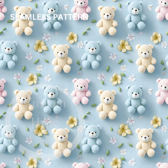 3d Knitted Pastel Teddy Bears Seamless Pattern - Sublimation and Print - 300dpi PNG - nursery decor, nursery fabric print, baby birthday