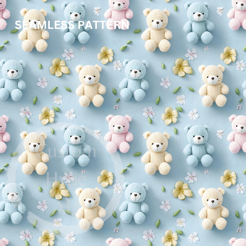 May include: Seamless pattern featuring rows of knitted teddy bears in pastel colors: pink, blue, and cream. The bears are interspersed with yellow flowers and white blossoms on a light blue background. The text "SEAMLESS PATTERN" is at the top.