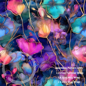 Colourful Alcohol Ink Floral Seamless Pattern - Sublimation and Print - 300dpi PNG - gift for her, tropical pattern, alcohol ink tumbler