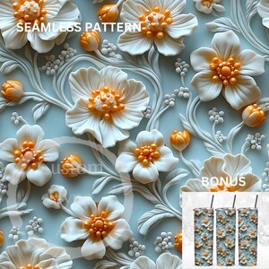 May include: Seamless pattern featuring white flowers with yellow centers on a light blue background. The pattern is repeated on three tumblers, labeled "BONUS".