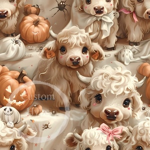 Cute Highland Cows Halloween Seamless Pattern - Sublimation and Print - 300dpi PNG - cute Cows, Halloween, girly Halloween - comm. use