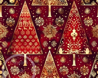 Red-Gold Christmas Trees Seamless Pattern - Sublimation and Print - 300dpi PNG - Christmas, wrapping paper,, digital paper, gifts, ornaments
