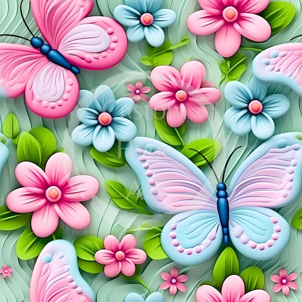 Pink & Blue 3d Seamless Pattern - Flowers and Butterflies - Sublimation and Print ready - 300dpi - gender reveal colours - fabric use