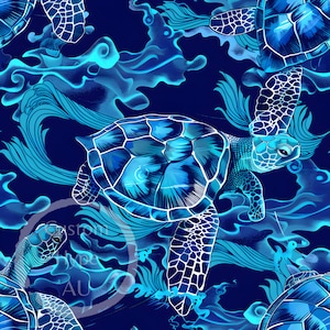 Electric Blue and White Sea Turtles Seamless Pattern - Sublimation and Print - 300dpi PNG - fabric print, tropical home decor, ocean