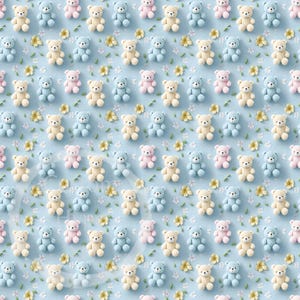 May include: A repeating pattern of small teddy bears in pastel colors: light blue, pink, and cream. The bears are scattered across a light blue background with small yellow flowers.