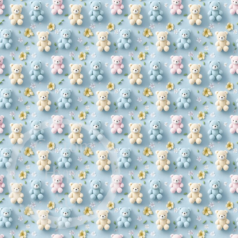 May include: A repeating pattern of small teddy bears in pastel colors: light blue, pink, and cream. The bears are scattered across a light blue background with small yellow flowers.
