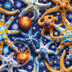 May include: A close-up of a colourful mosaic art piece featuring starfish, seashells, and other ocean-themed elements. The artwork is made with a variety of materials, including glass, ceramic, and metal. The colours are bright and vibrant, and the overall effect is whimsical and playful.
