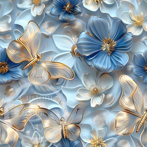 Modello 3D senza cuciture - Eleganti farfalle dorate su floreale blu - Sublimazione e stampa - PNG 300dpi - regalo per lei, modello di cancelleria