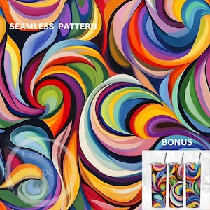 Könnte beinhalten: Nahtloses Muster mit wirbelnden abstrakten Formen in leuchtenden Farben wie Rot, Gelb, Blau, Grün und Lila. Das Muster ist perfekt, um einzigartige Designs für verschiedene Produkte wie Kleidung, Wohnaccessoires und Accessoires zu erstellen. Das Bild enthält auch ein Bonusdesign mit drei Bechern mit dem gleichen Muster.
