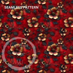 Peut inclure: Motif sans couture avec des fleurs dorées et rouges sur un fond rouge. Les fleurs ont un effet 3D et sont entourées de feuilles noires. Le texte "SEAMLESS PATTERN" est en haut de l'image.