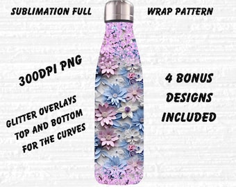 Waterfles van 750 ml (25 oz) volledige verpakking voor sublimatie - 3D-pastelbloemen met glitteroverlays - colafles - 300 dpi - bonusontwerpen