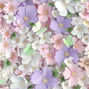 Zierliche 3d Pastell Schmetterlinge & Blumen Digitales Nahtloses Muster - Sublimation und Druck - 300 dpi - gekachelte und ungeschnittene Dateien - Stoffverwendung