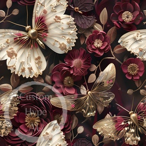 May include: A digital illustration featuring a floral pattern with gold butterflies. The flowers are burgundy and have a 3D effect. The butterflies have gold accents and are layered over the flowers.
