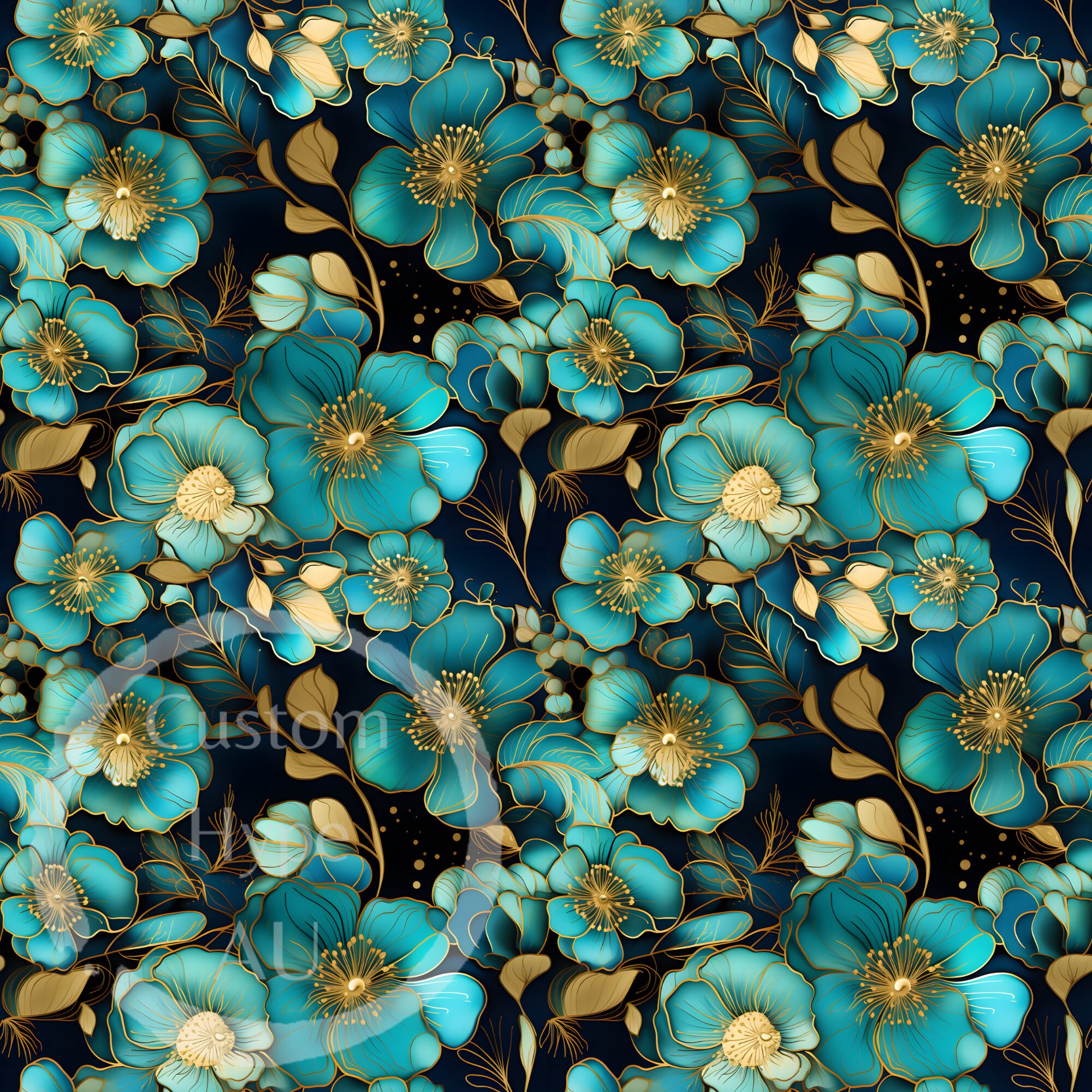 Alcohol Ink Seamless Pattern - Teal & Gold Floral - Sublimation and ...