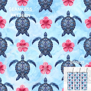 May include: Seamless pattern featuring blue sea turtles and pink hibiscus flowers on a light blue watercolor background. The text "SEAMLESS PATTERN" is visible. Bonus image shows the pattern on tumblers.