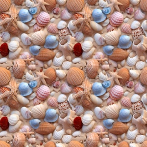 Może przedstawiać: Wzór bez szwów przedstawiający różne muszle i rozgwiazdy na piaszczystym tle. Muszle są w różnych kolorach, w tym białym, różowym, brązowym i niebieskim. Roz gwiazdy są jasnobrązowe.