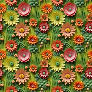 May include: A seamless pattern featuring a variety of colourful paper flowers in shades of orange, pink, yellow, and green. The flowers are arranged in a repeating pattern on a green background.