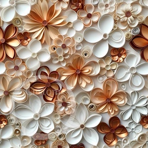 May include: A detailed, overhead view of a floral arrangement. The design features layered paper flowers in shades of white, cream, and copper. The flowers are arranged closely together, creating a textured, three-dimensional effect. The overall aesthetic is elegant and artistic.