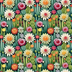 May include: A seamless pattern featuring a variety of colourful flowers and cacti. The flowers are in shades of pink, orange, yellow, and white, while the cacti are green. The background is a deep teal colour.