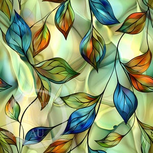 May include: Abstract stained glass style pattern featuring blue, green, and orange leaves on a light green background.