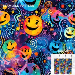 May include: A seamless pattern featuring colorful smiley faces on a dark blue background with swirls and stars. The pattern is perfect for creating unique and fun designs for various projects. The image also includes a bonus set of three 20 oz. tumblers with the same pattern.