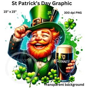 Puede incluir: Una ilustración de dibujos animados de un duende con un sombrero verde y sosteniendo un vaso de cerveza Guinness. Está sonriendo y tiene una barba roja. El fondo es verde con tréboles.