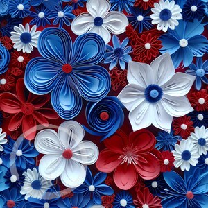 Puede incluir: Primer plano de una obra de arte de pared de papel con flores de papel rojo, blanco y azul. Las flores están dispuestas en un patrón circular y tienen un efecto tridimensional en capas.