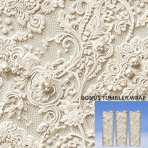 May include: White lace pattern with pearl accents.  The pattern is reminiscent of a wedding dress.  The image includes a bonus tumbler wrap with the same pattern.
