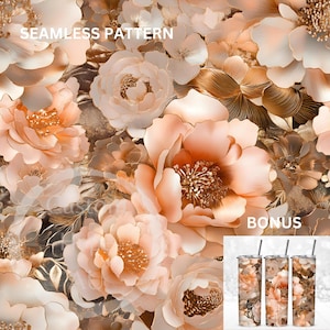 Puede incluir: Patrón sin costuras con un diseño floral y detalles dorados. El patrón presenta flores grandes, blancas y melocotón con centros dorados. El fondo es de color dorado y marrón. El texto "Seamless Pattern" está en la parte superior de la imagen. El texto "Bonus" está en la parte inferior de la imagen. Tres vasos de acero inoxidable con el mismo diseño floral se muestran debajo del texto "Bonus".