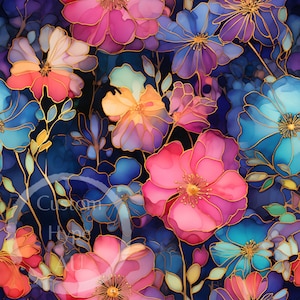 Multicoloured Alcohol Ink Floral with Gold Seamless Pattern - Sublimation & Print - 300dpi PNG - gift for her pattern, floral decor