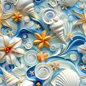 May include: A colorful paper craft design featuring seashells, starfish, and flowers in shades of blue, white, yellow, and orange. The design is reminiscent of a beach scene.