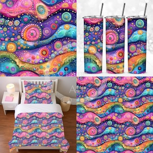 May include: A colorful abstract pattern with swirls and circles in shades of pink, purple, blue, green, yellow, and orange. The pattern is repeated on a pillow, a bedspread, and three tumblers.