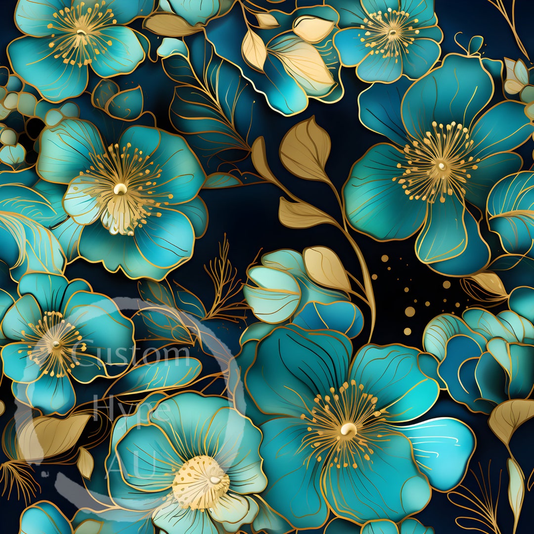 Alcohol Ink Seamless Pattern - Teal & Gold Floral - Sublimation and ...