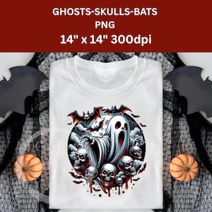 Fantasmas, calaveras y murciélagos PNG - Sublimación, impresión, DTF - Sudadera de Halloween, camisetas, tazas, decoración, impresión DTF, descarga PNG, digital