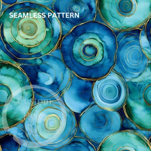 May include: Seamless pattern featuring abstract watercolor circles in shades of blue and green with gold accents. The circles are layered and overlapping, creating a dynamic and organic design.