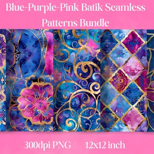Könnte beinhalten: Ein Set mit vier digitalen nahtlosen Mustern mit blauen, violetten und rosafarbenen Batik-Designs mit goldenen Akzenten. Die Muster sind 12x12 Zoll groß und 300 dpi PNG-Dateien.