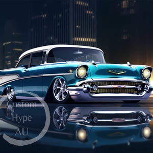 May include: A teal blue 1957 Chevrolet Bel Air classic car with chrome accents and whitewall tires. The car is parked on a street with a city skyline in the background. The car is reflecting in the wet pavement.