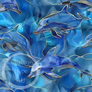 Könnte beinhalten: Ein nahtloses Muster mit blauen Delfinen mit goldenen Umrissen, die in einem blauen und weißen Aquarellhintergrund schwimmen.