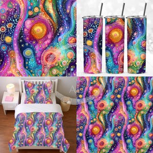 May include: A colorful abstract pattern with swirls, dots, and stars in shades of pink, blue, green, and yellow. The pattern is repeated on a pillow, a bedspread, and three tumblers.