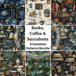 Può includere: Una collezione di otto motivi senza cuciture con libri, tazze di caffè e piante grasse in stile acquerello. La tavolozza dei colori comprende sfumature di blu, verde e marrone, con elementi floreali e botanici. Il testo "Books, Coffee & Succulents" è visualizzato.