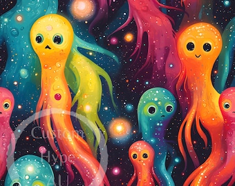 Cute Aliens Seamless Digital Pattern - Sublimation and Print - 300dpi PNG - aliens pattern, cute aliens, kid's alien fabric print, alien PNG