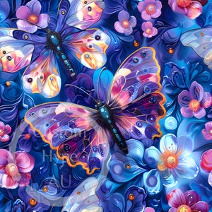 Modello 3D senza soluzione di continuità - Farfalle di vetro su fiori - Sublimazione e stampa - PNG 300 dpi - Regalo per il suo design, modello per la festa della mamma, tessuto