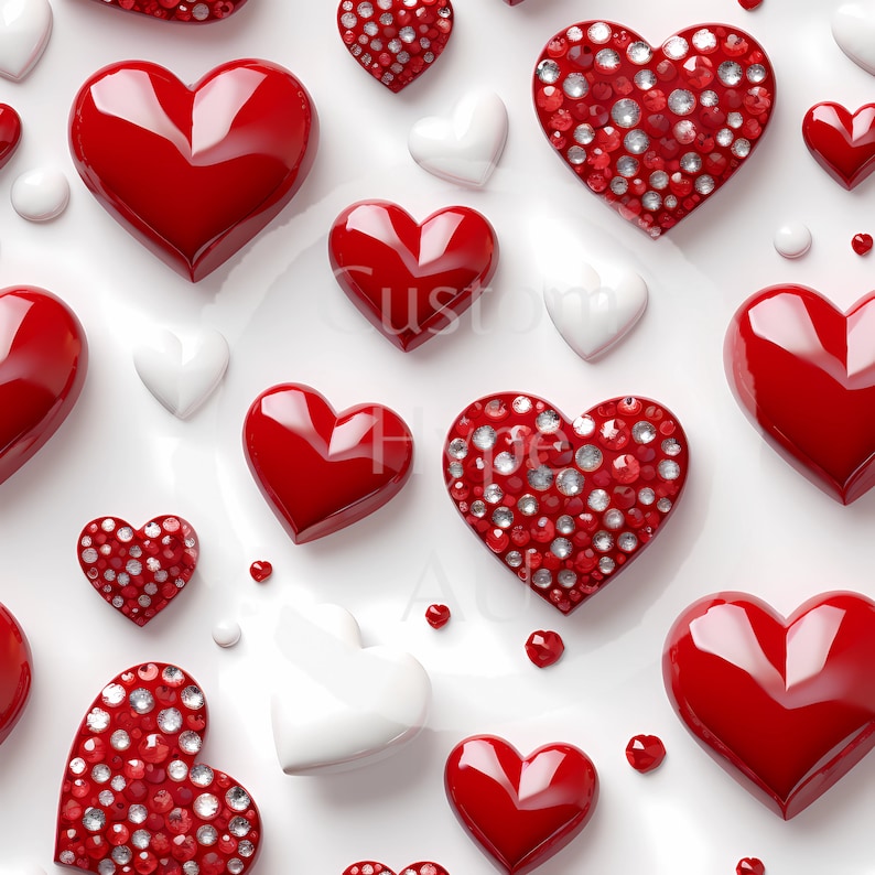 Cute 3d Red & White Love Hearts With Bling - Seamless Pattern for ...