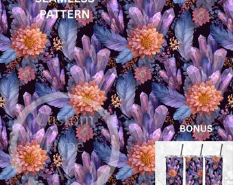 Bohemian Crystal Seamless Pattern, Feathers, Flowers, Sublimation Design (Digital Download)