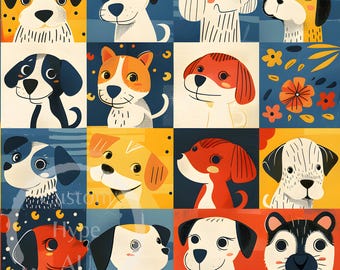 Pode incluir: Uma ilustração colorida com 12 raças de cães diferentes em um padrão de grade. Cada cão é retratado em um estilo único com cores e padrões ousados. O fundo é uma mistura de azul, amarelo e vermelho.