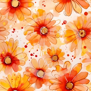 Op de afbeelding: Waterverf schilderij van oranje en rode bloemen met witte en gele accenten. De bloemen zijn geschilderd in een losse, abstracte stijl en hebben een aquarel was effect. De achtergrond is licht crèmekleurig met spatten van rode en oranje verf.